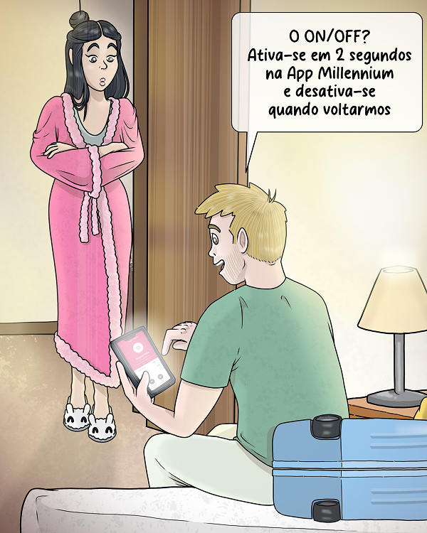 Homem mostra como ativar o seguro na App Millennium no telemóvel à mulher