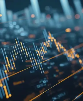 Representação digital abstrata de dados financeiros com linhas e pontos luminosos