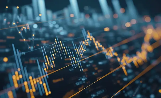 Representação digital abstrata de dados financeiros com linhas e pontos luminosos