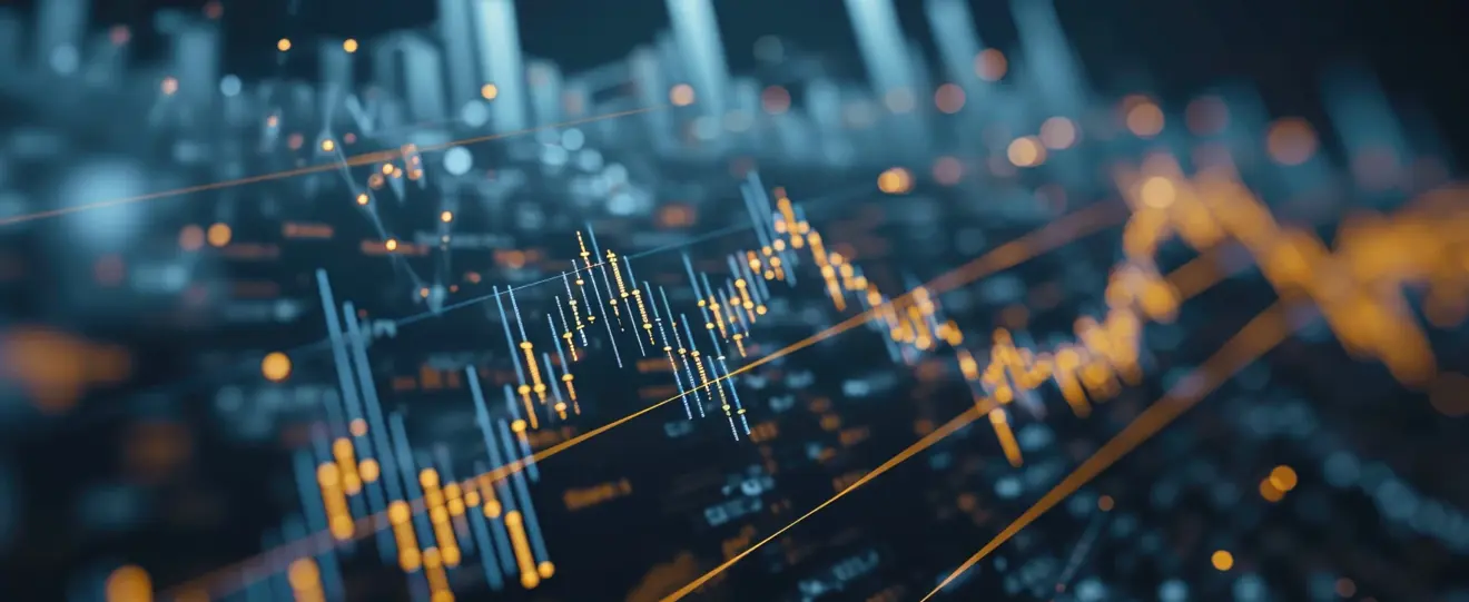 Representação digital abstrata de dados financeiros com linhas e pontos luminosos