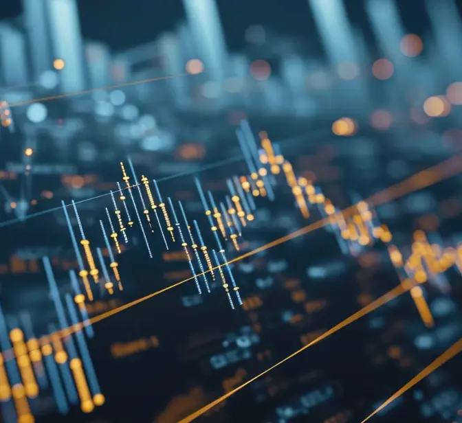 Representação digital abstrata de dados financeiros com linhas e pontos luminosos