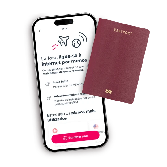 Smartphone com App Millennium e funcionalidade eSIM e passaporte para internet no estrangeiro