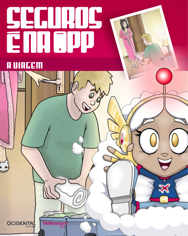 Capa de banda desenhada "Seguros é na app" com o casal a fazer as malas e o super-herói ON/OFF
