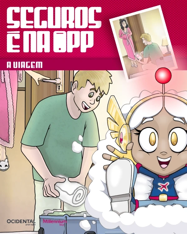 Capa de banda desenhada "Seguros é na app" com o casal a fazer as malas e o super-herói ON/OFF