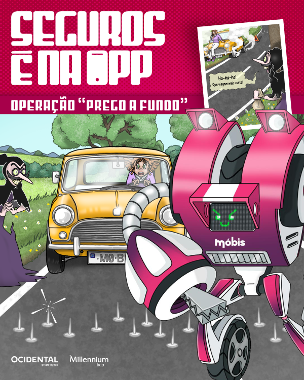 Super-herói Móbis protege condutora de picos na estrada. Capa de BD "Seguros é na app"