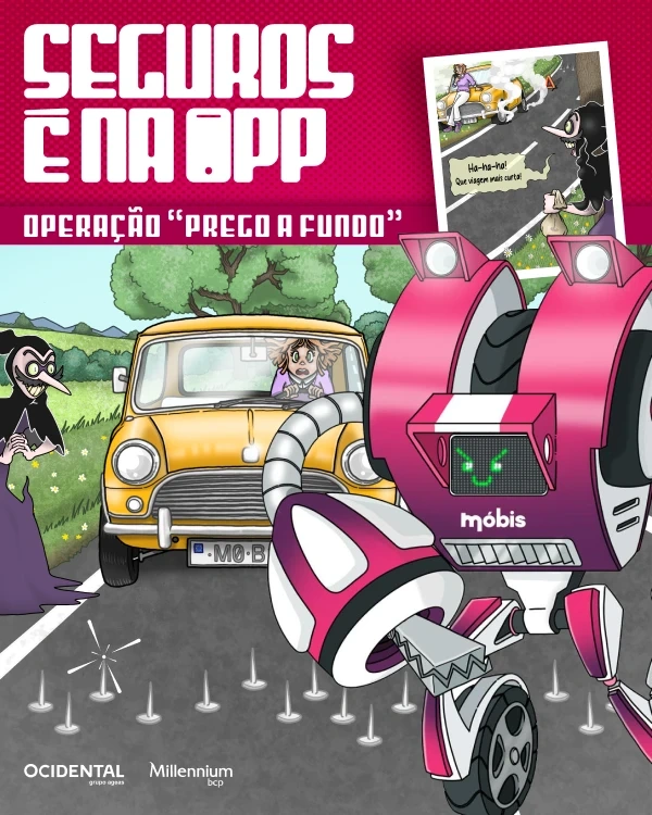 Super-herói Móbis protege condutora de picos na estrada. Capa de BD "Seguros é na app"