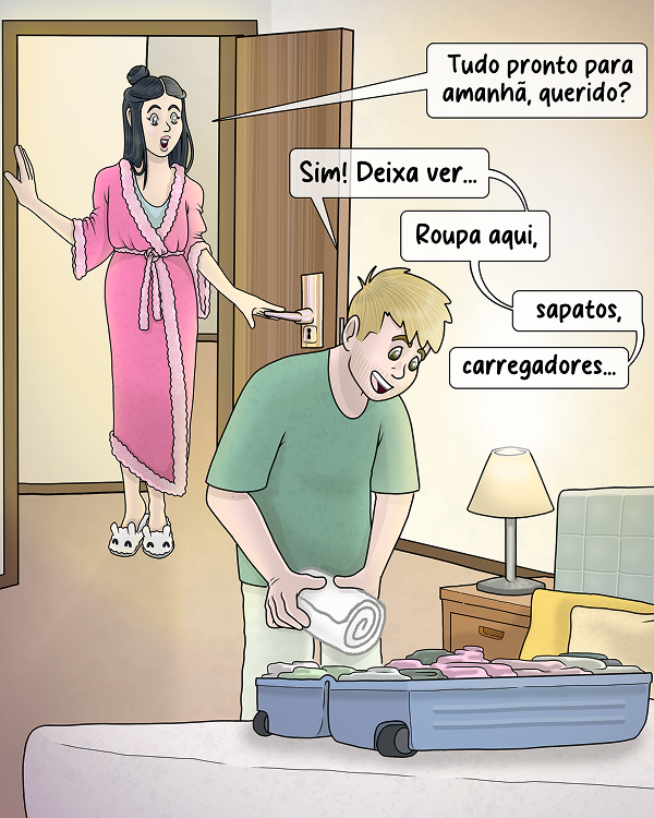 Homem faz a mala de viagem enquanto a mulher observa à porta do quarto