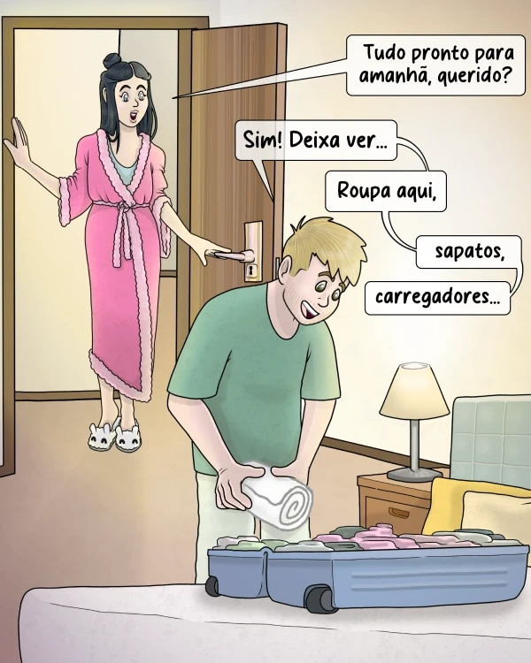Homem faz a mala de viagem enquanto a mulher observa à porta do quarto