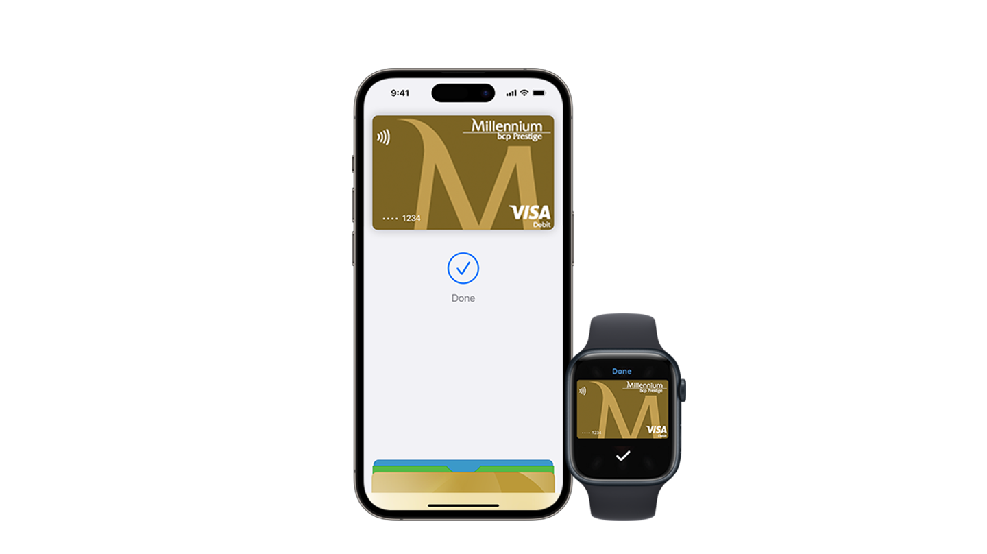 mobile phone with Apple Pay screen displaying a Prestige card and an iWatch with an image of a Prestige debit card