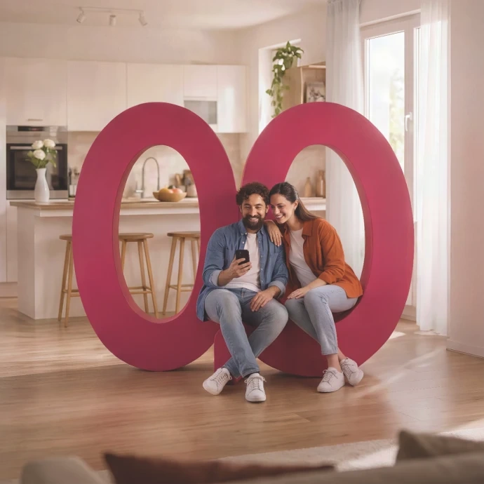Casal sentado no logótipo do Millennium na sala de uma casa moderna
