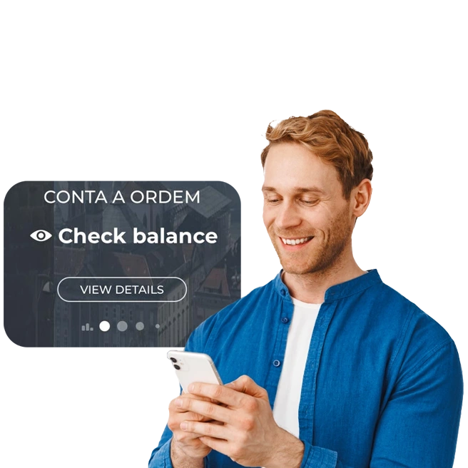 young man holding phone, and illustration of Millennium App with account balance invisible