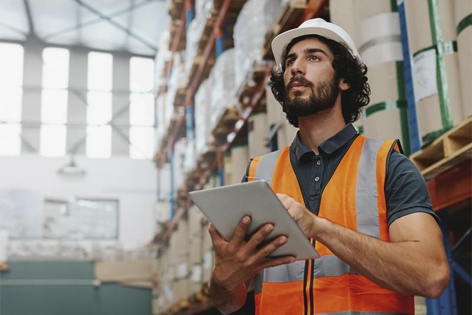 Homem de capacete e colete refletor a verificar stock em armazém com tablet