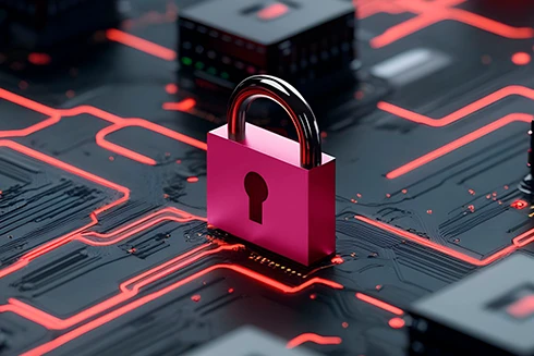 Imagem estilizada de um cadeado sobre um circuito eletrónico