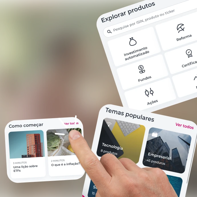 3 widgets flutuantes de elementos do hub de investimentos da App Millennium ("como começar a investir", "explorar produtos" e "temas populares")