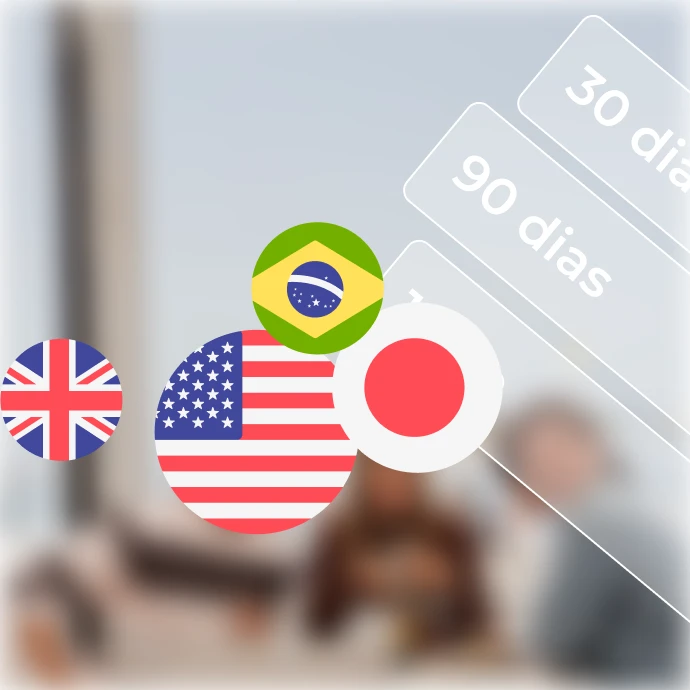 Caixas com os textos "30 dias" e "90 dias", e alguns círculos com as bandeiras do Brasil, Estados Unidos da América, Japão e Reino Unido