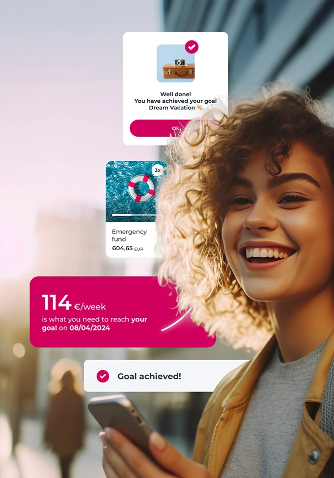 woman smiling with a phone in her hand and illustrations of the Millennium app