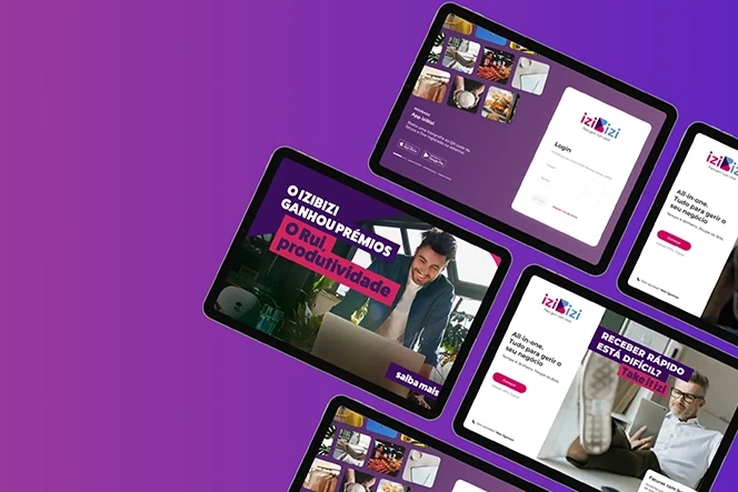 Vários tablets exibindo ecrãs da aplicação de negócios izibizi sobre um fundo roxo