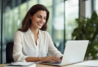 Mulher de camisa branca a olhar para o seu computador portátil