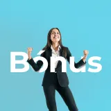 mulher em pose de vencedora, com palavra "bónus"