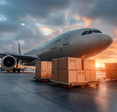 Avião de carga no aeroporto ao pôr do sol, com paletes de caixas prontas para embarque