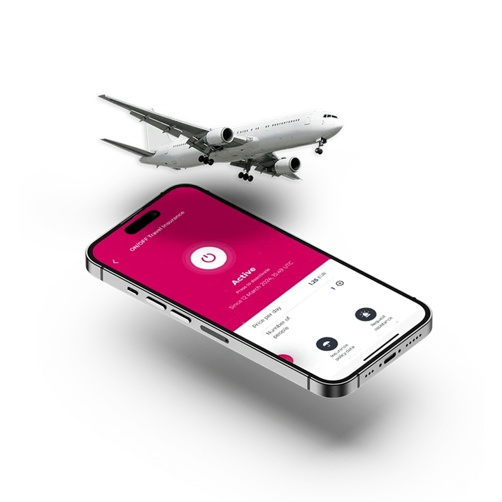 Mobile phone with ON/OFF insurance screen and an illustration of an airplane above