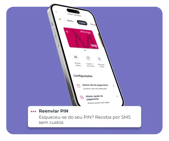 Telemóvel com ecrã da App Millennium com a opção de reenviar PIN