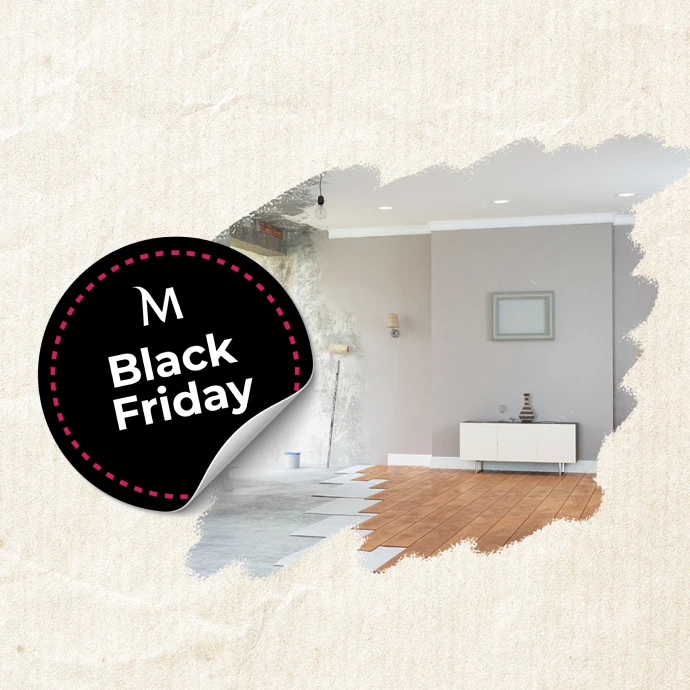 Black Friday advert with a living room, on a paper-like background