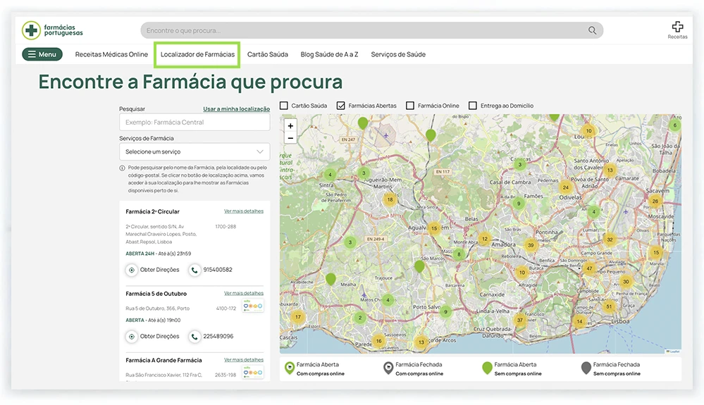 No site das Farmácias Portuguesas, selecione o botão "Localizador de Farmácias".