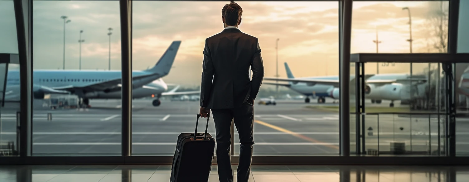 Homem no aeroporto a observar os aviões