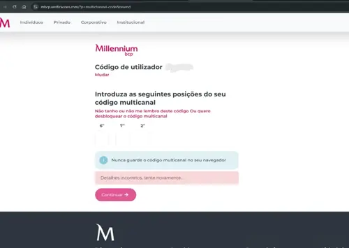 Ecrã com página falsa a imitar página do Millennium bcp