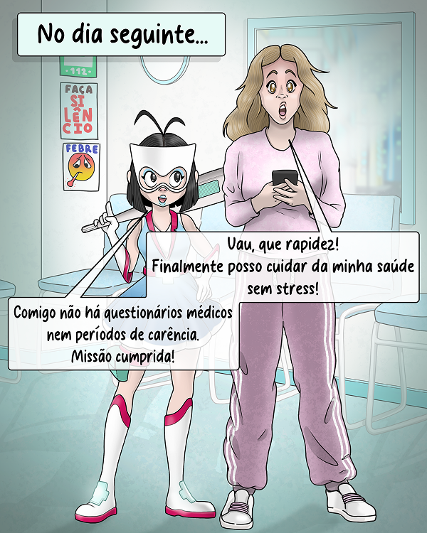 Médis Light e uma mulher numa clínica, satisfeitas com a rapidez do serviço de saúde.