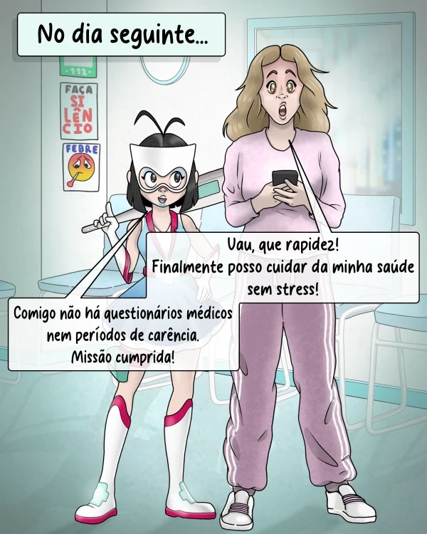 Médis Light e uma mulher numa clínica, satisfeitas com a rapidez do serviço de saúde.