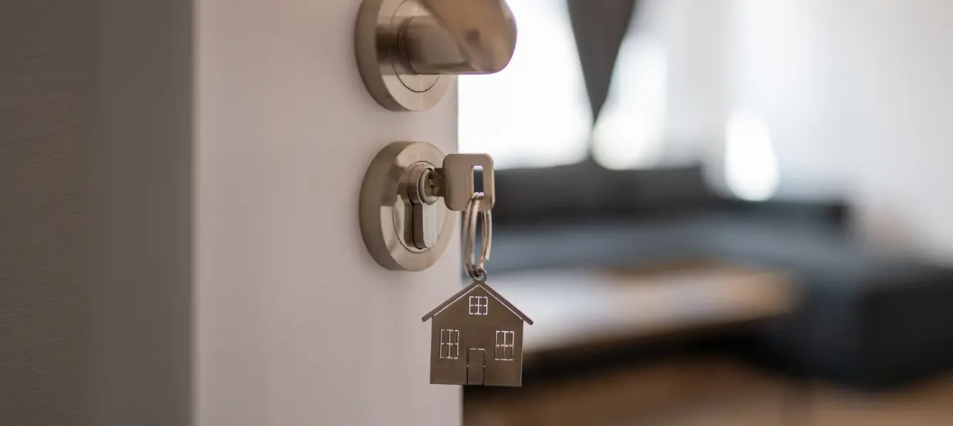 Chave com porta-chaves de casa na fechadura de uma porta entreaberta