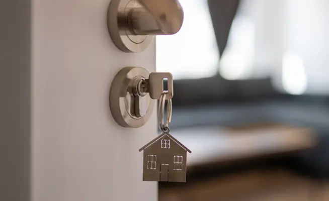  Chave com porta-chaves de casa na fechadura de uma porta entreaberta