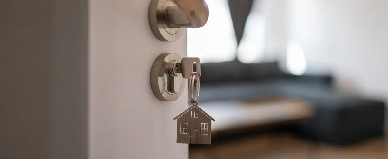  Chave com porta-chaves de casa na fechadura de uma porta entreaberta
