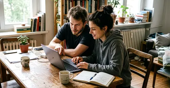 Homem e mulher jovem à mesa a olhar para o ecrã de um computador portátil