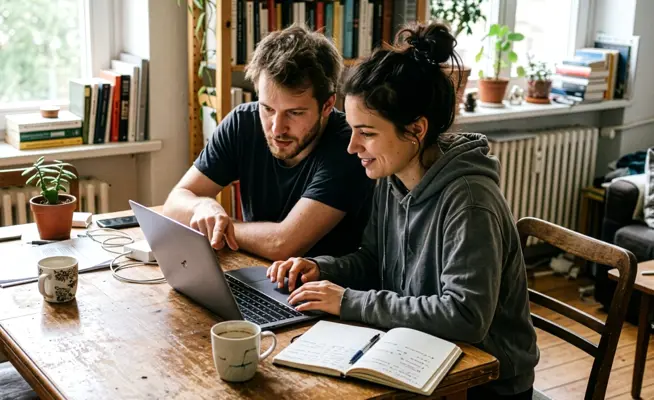 Homem e mulher jovem à mesa a olhar para o ecrã de um computador portátil