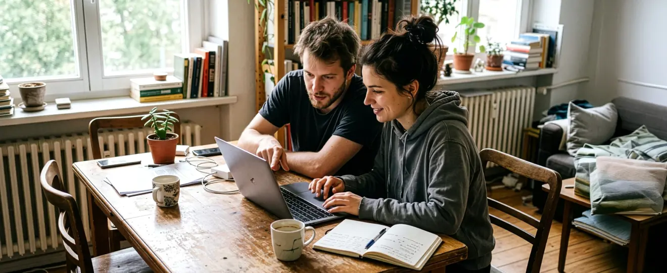 Homem e mulher jovem à mesa a olhar para o ecrã de um computador portátil