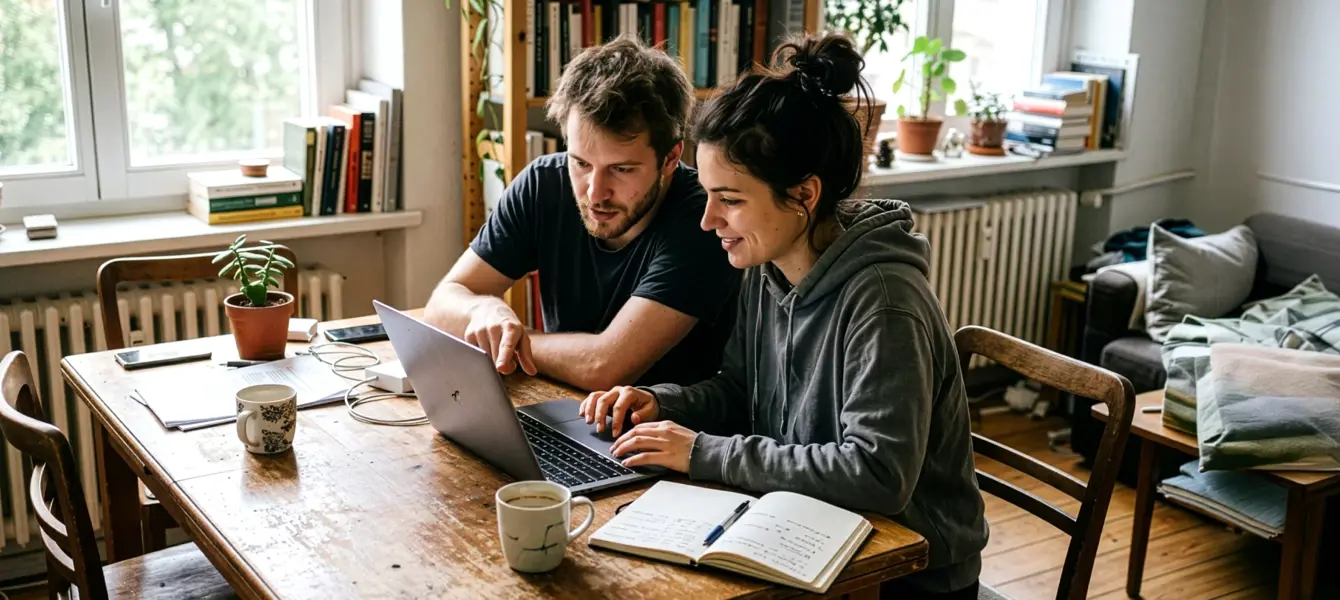 Homem e mulher jovem à mesa a olhar para o ecrã de um computador portátil