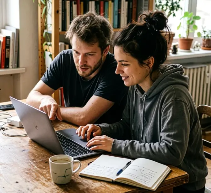 Homem e mulher jovem à mesa a olhar para o ecrã de um computador portátil