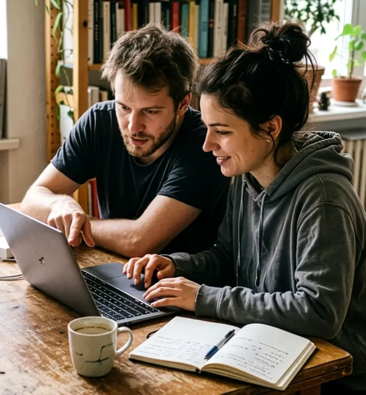 Homem e mulher jovem à mesa a olhar para o ecrã de um computador portátil