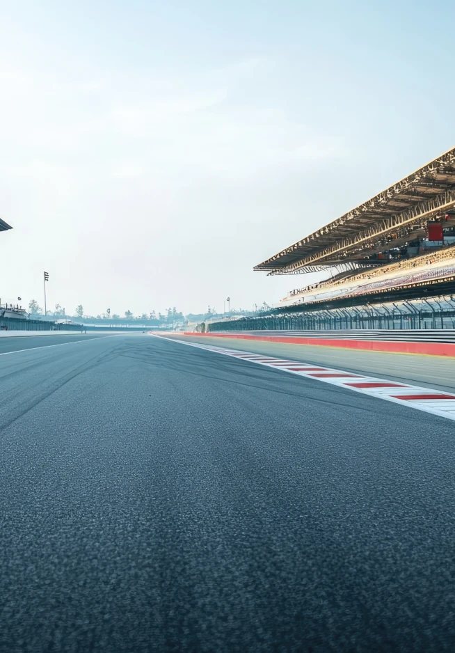 Pista de corrida vazia com bancada e linha de curva em destaque