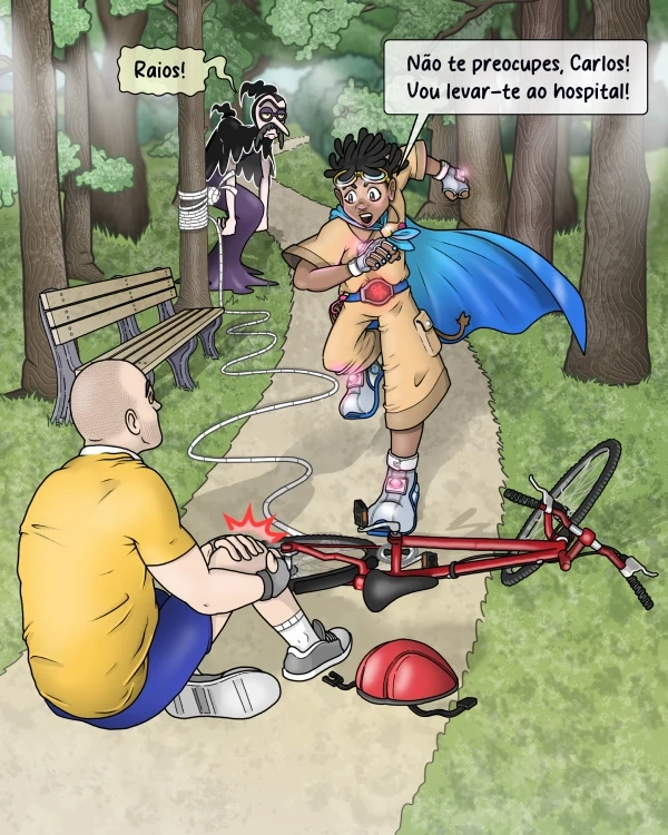 O super-herói Volta socorre um ciclista caído no chão com o joelho ferido.