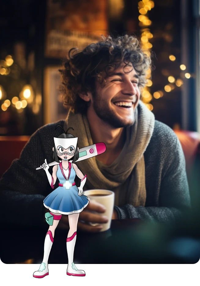 A heroína Médis Light sobreposta a uma foto de um homem sorridente num café.