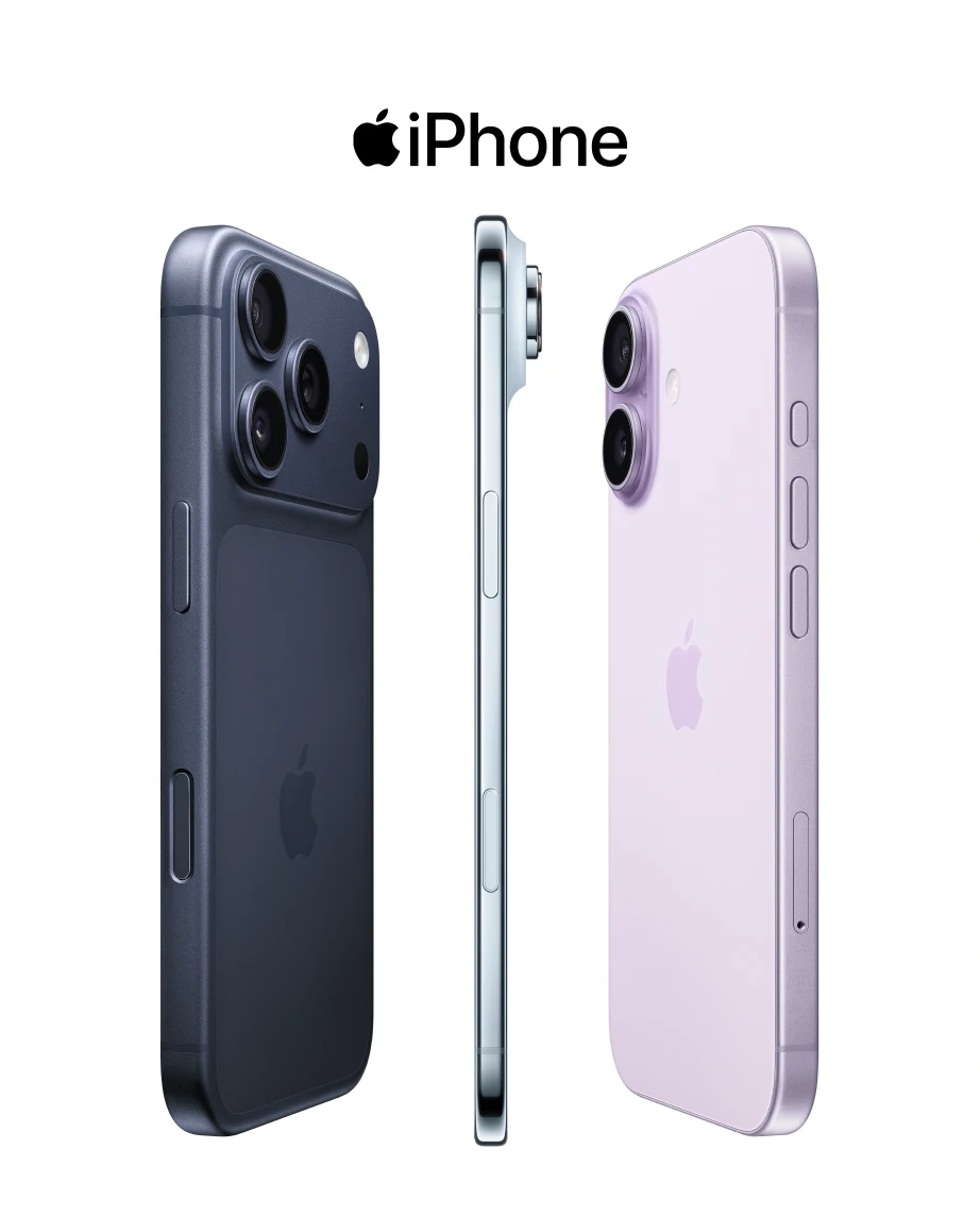 Três modelos de iPhone em azul-escuro, azul-claro e lilás sobre fundo branco