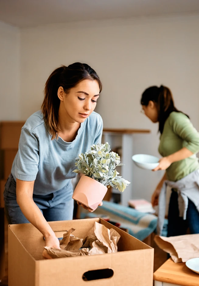 Mulher arruma planta em caixa enquanto outra organiza casa