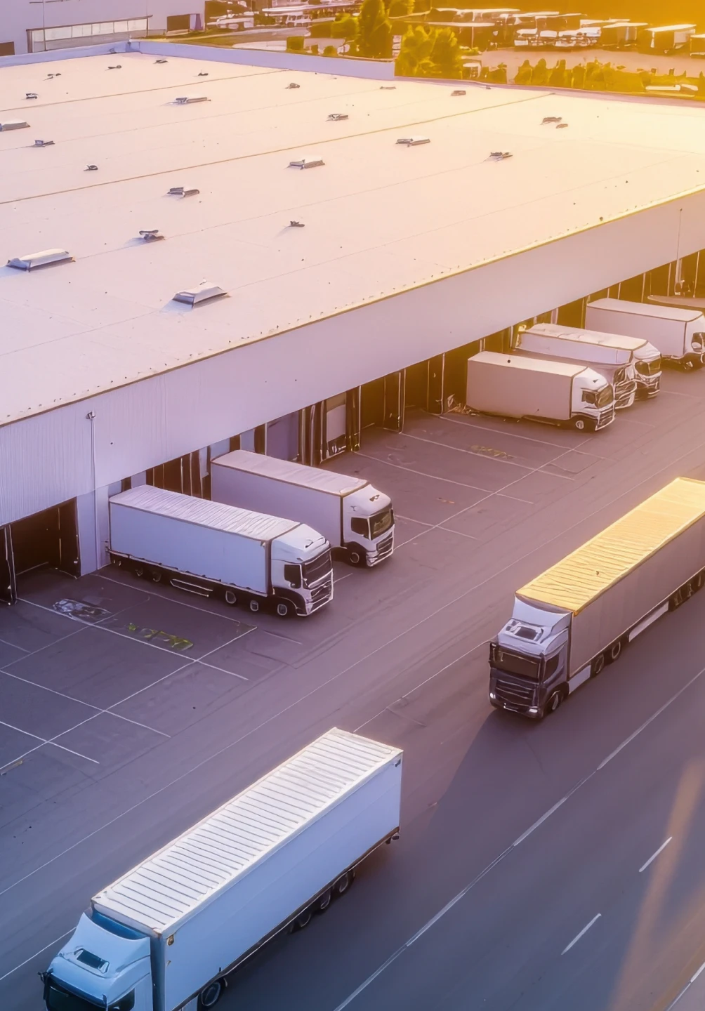 Vista aérea de camiões brancos estacionados em cais de carga de um armazém logístico durante o pôr do sol