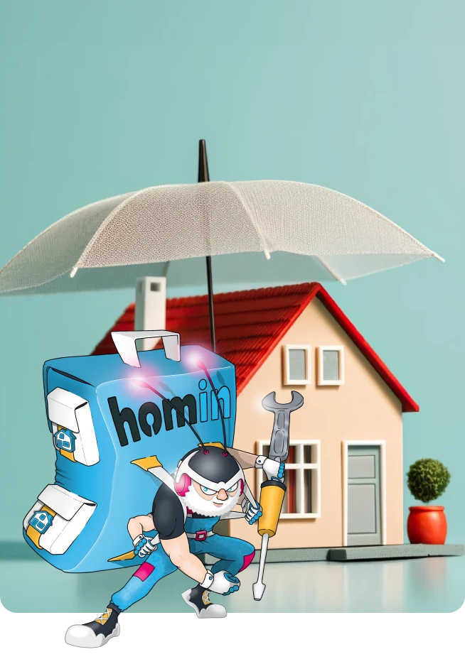 Casa a ser protegida por um guarda-chuva e o herói HOMIN à sua frente