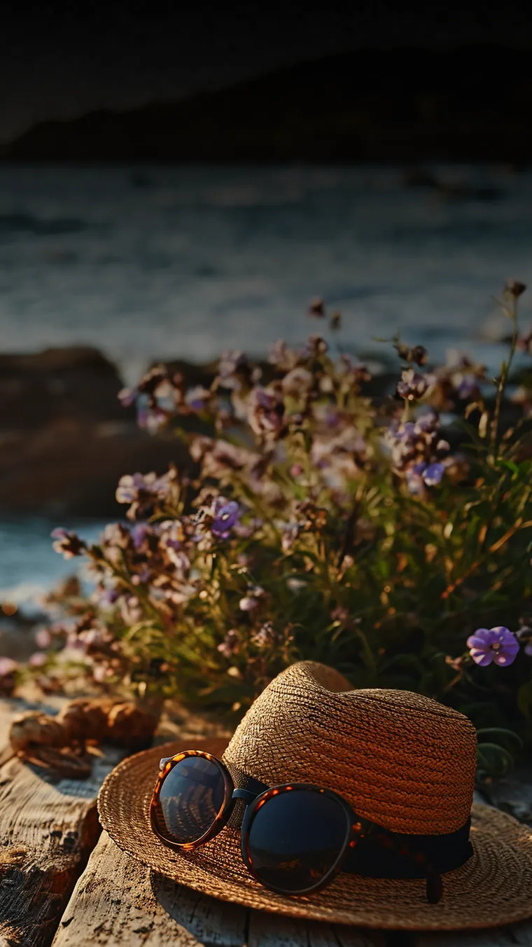 chapéu de palha e óculos de sol, numa mesa de madeira com flores junto ao mar