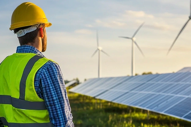 Worker observes an energy park with solar panels and wind turbines